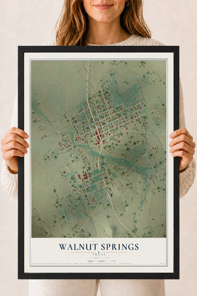 Map of Walnut Springs, Texas, 18 x 24 inch print in a black wood frame