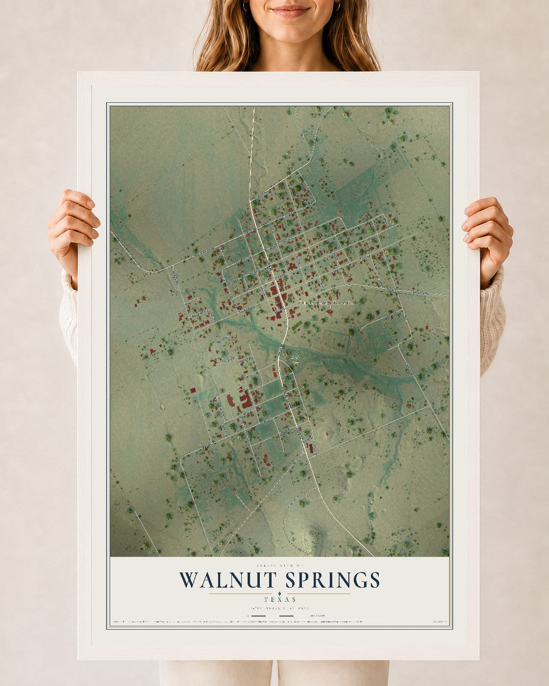 Map of Walnut Springs, Texas, 24 x 36 inch print in a white wood frame