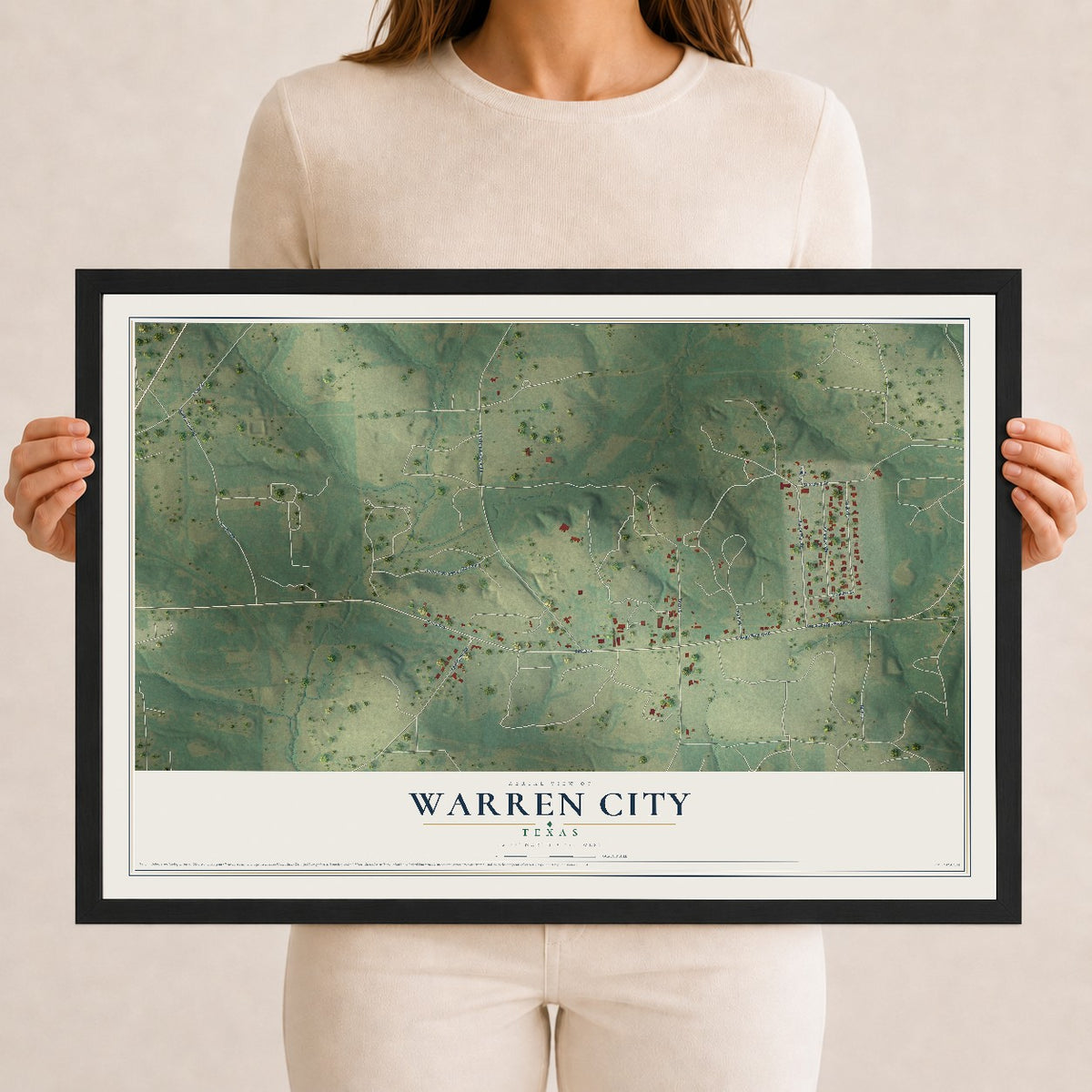 Map of Warren City, Texas, 12 x 18 inch print in a black wood frame