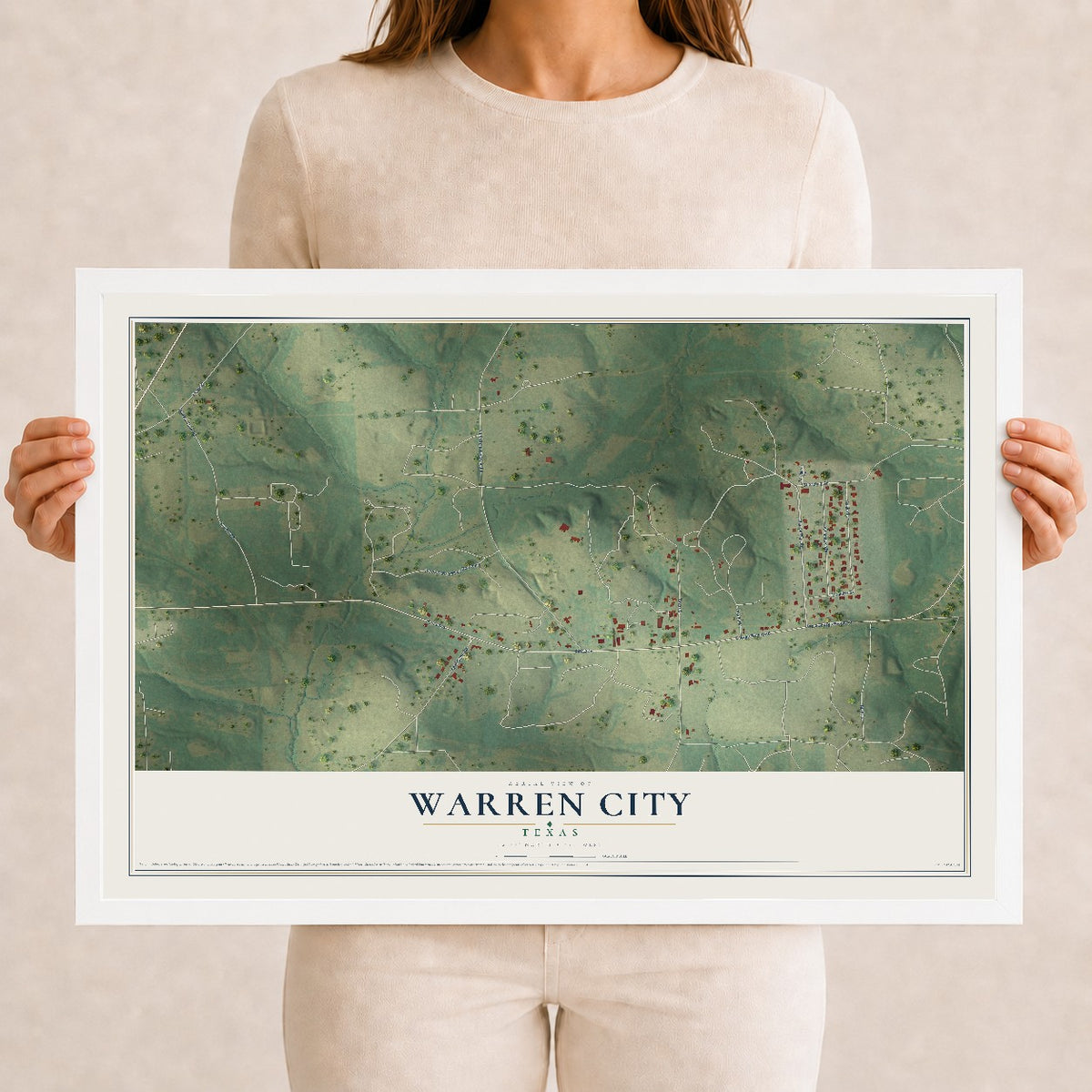Map of Warren City, Texas, 12 x 18 inch print in a white wood frame