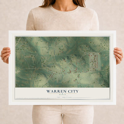 Map of Warren City, Texas, 12 x 18 inch print in a white wood frame