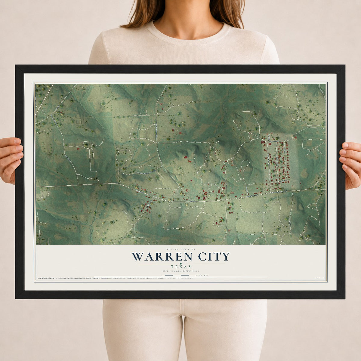 Map of Warren City, Texas, 18 x 24 inch print in a black wood frame