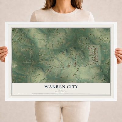 Map of Warren City, Texas, 18 x 24 inch print in a white wood frame