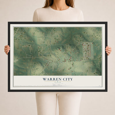 Map of Warren City, Texas, 24 x 36 inch print in a black wood frame