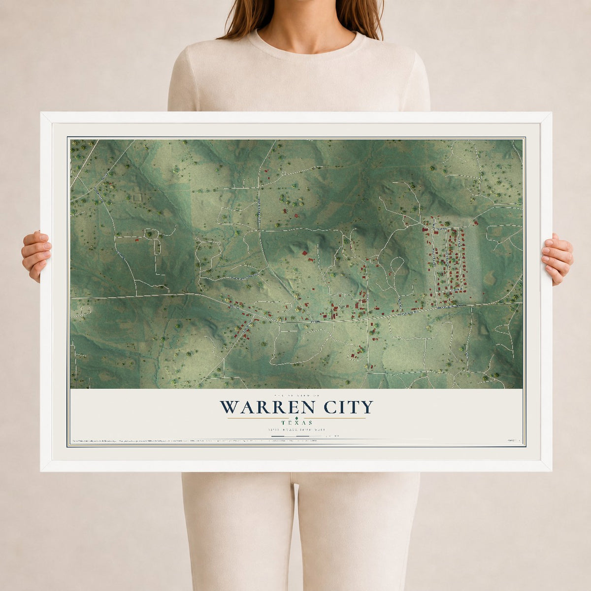 Map of Warren City, Texas, 24 x 36 inch print in a white wood frame