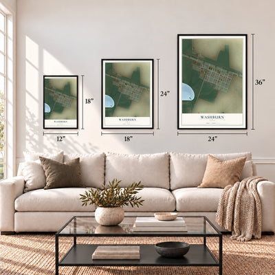 Washburn, Texas map in 12 x 18, 18 x 24 and 24 x 36 inch sizes above a sofa