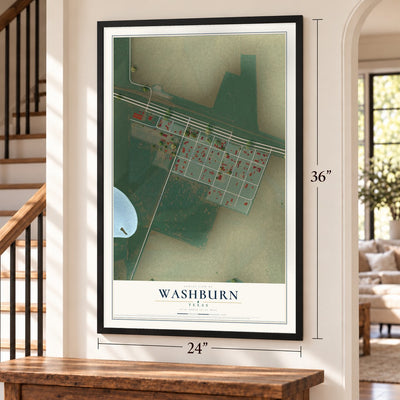 Washburn, Texas map, 24 x 36 inch print in a black frame by a staircase