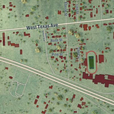 Second close-up of the map of Waskom, Texas print showing more streets and buildings
