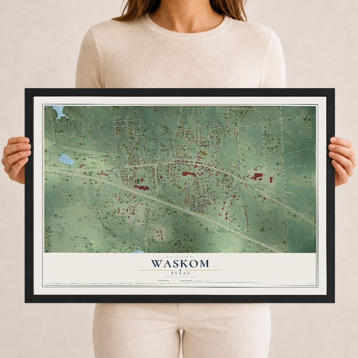 Map of Waskom, Texas, 12 x 18 inch print in a black wood frame