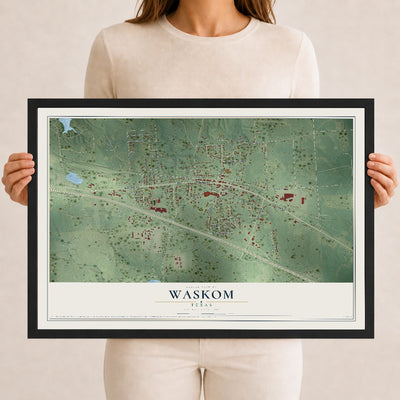 Map of Waskom, Texas, 12 x 18 inch print in a black wood frame