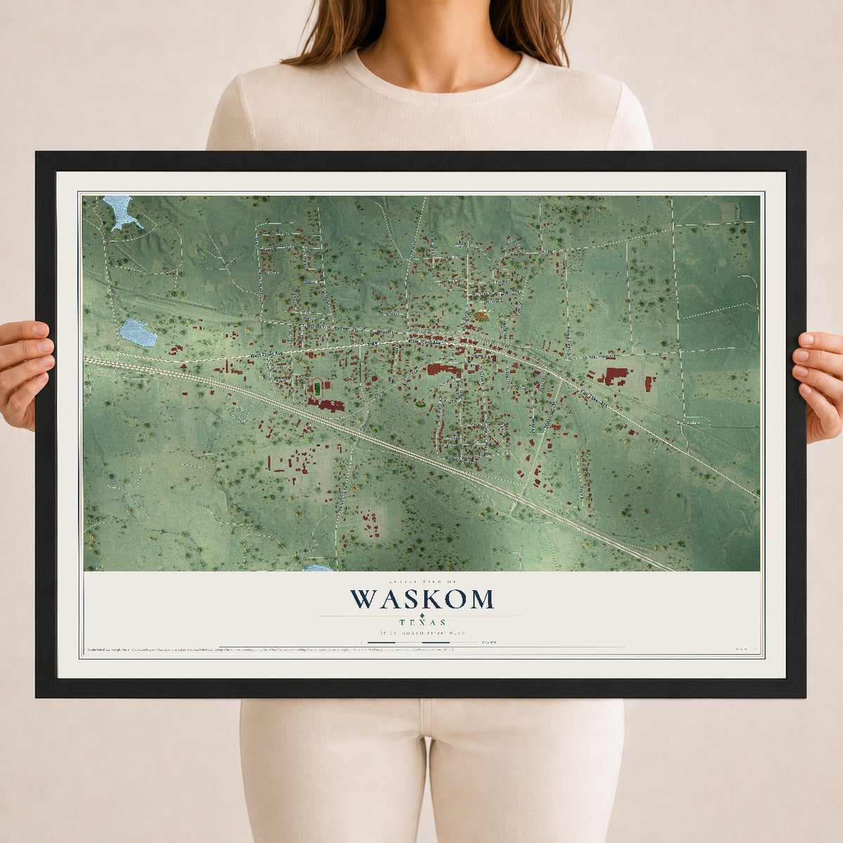 Map of Waskom, Texas, 18 x 24 inch print in a black wood frame