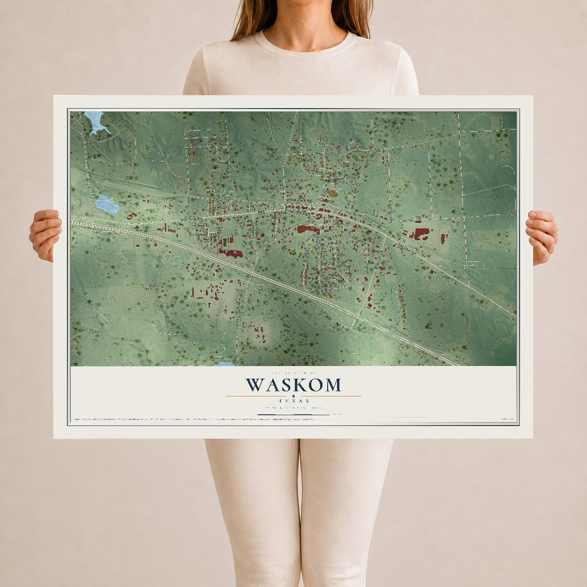 Map of Waskom, Texas, 24 x 36 inch unframed archival matte print