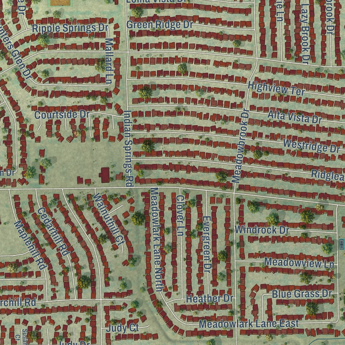 Close-up of the map of Watauga, Texas print showing street and building detail
