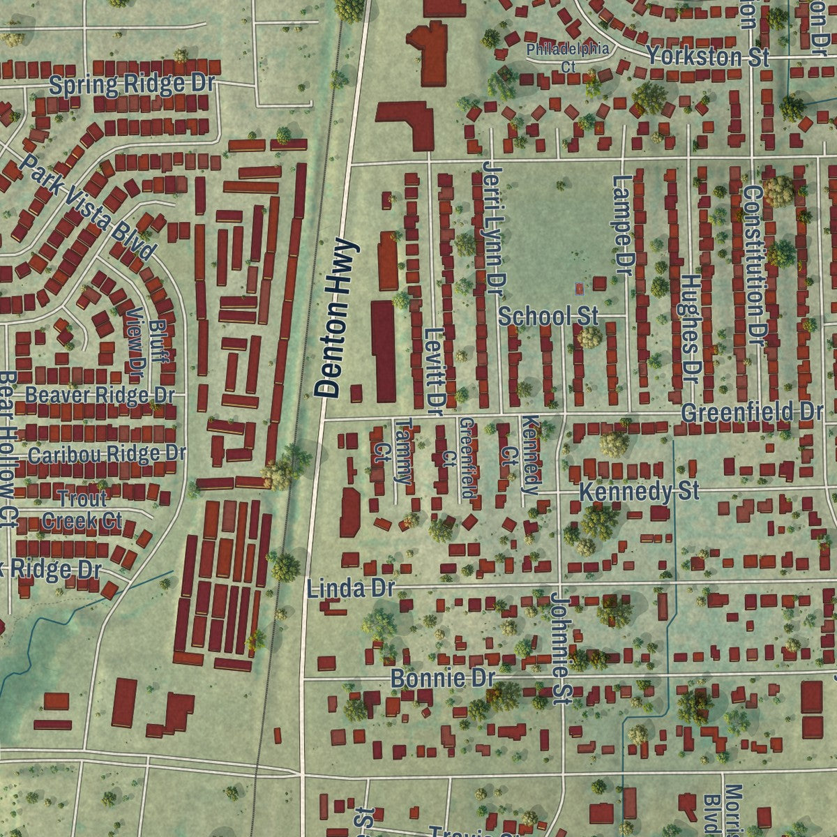 Second close-up of the map of Watauga, Texas print showing more streets and buildings
