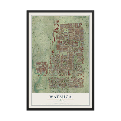 Map of Watauga, Texas, 12 x 18 inch print in a black wood frame