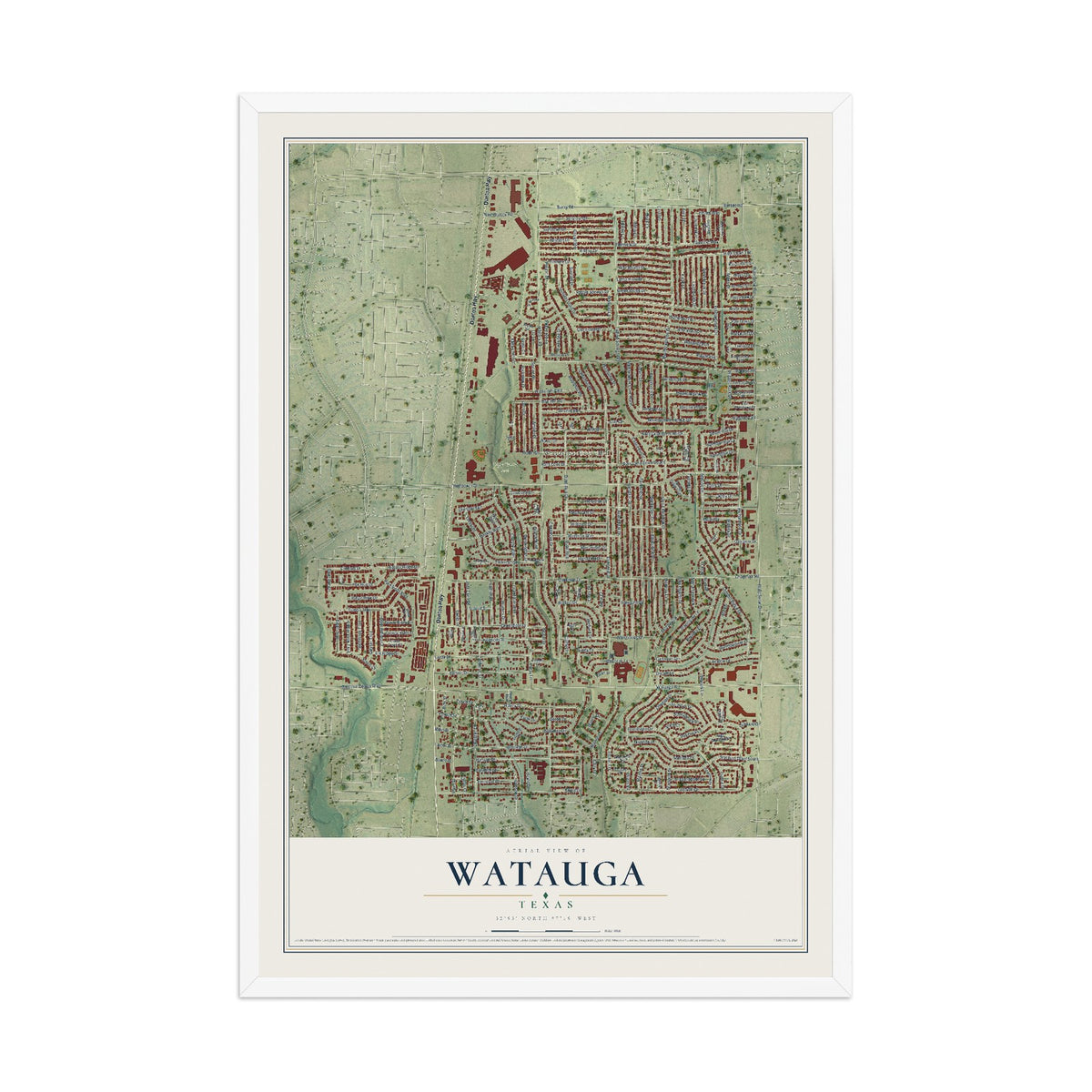 Map of Watauga, Texas, 12 x 18 inch print in a white wood frame