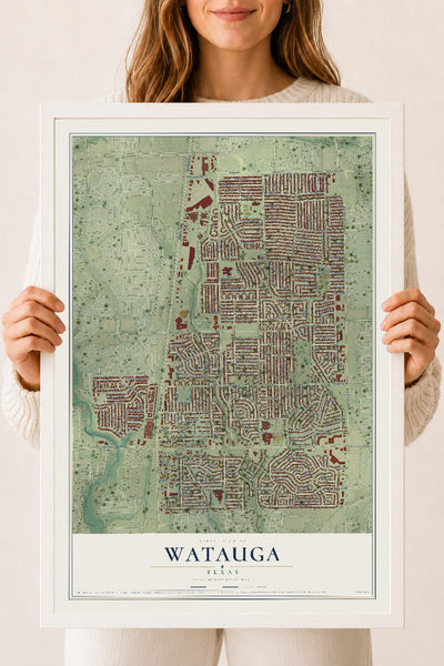 Map of Watauga, Texas, 18 x 24 inch print in a white wood frame