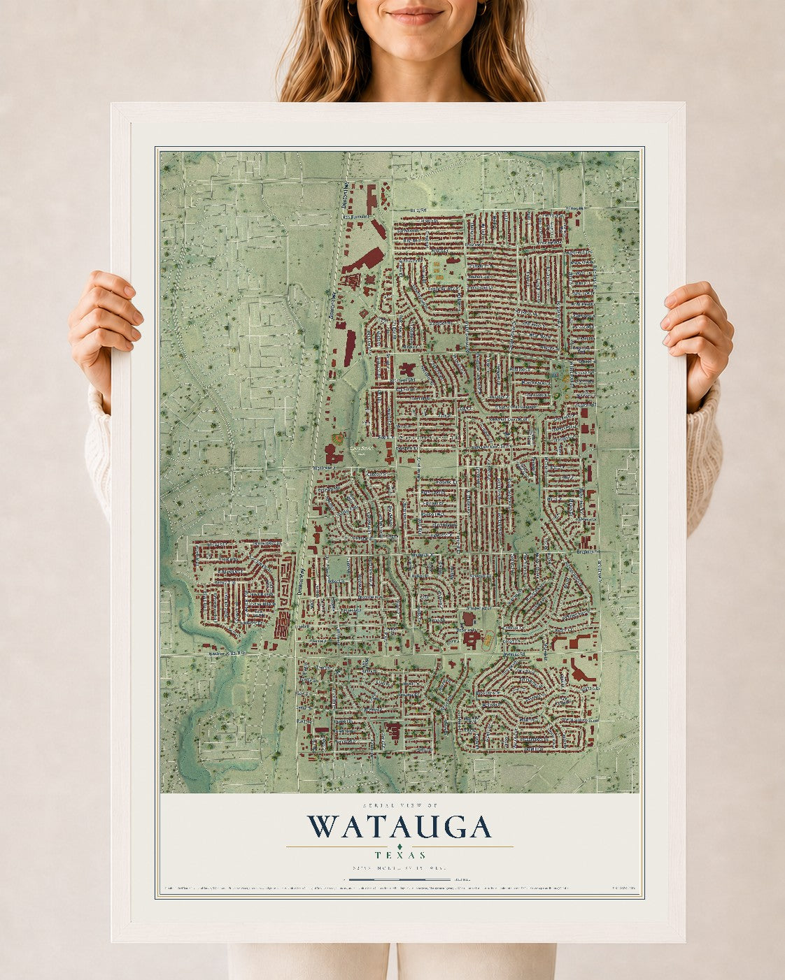 Map of Watauga, Texas, 24 x 36 inch print in a white wood frame