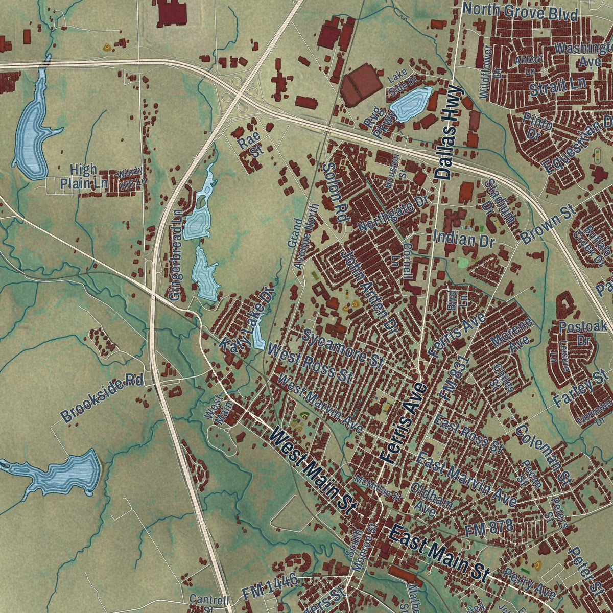 Close-up of the map of Waxahachie, Texas print showing street and building detail