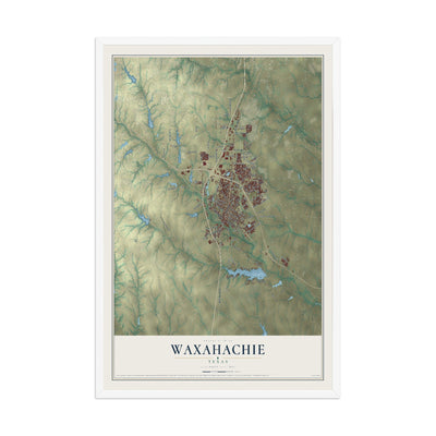 Map of Waxahachie, Texas, 12 x 18 inch print in a white wood frame