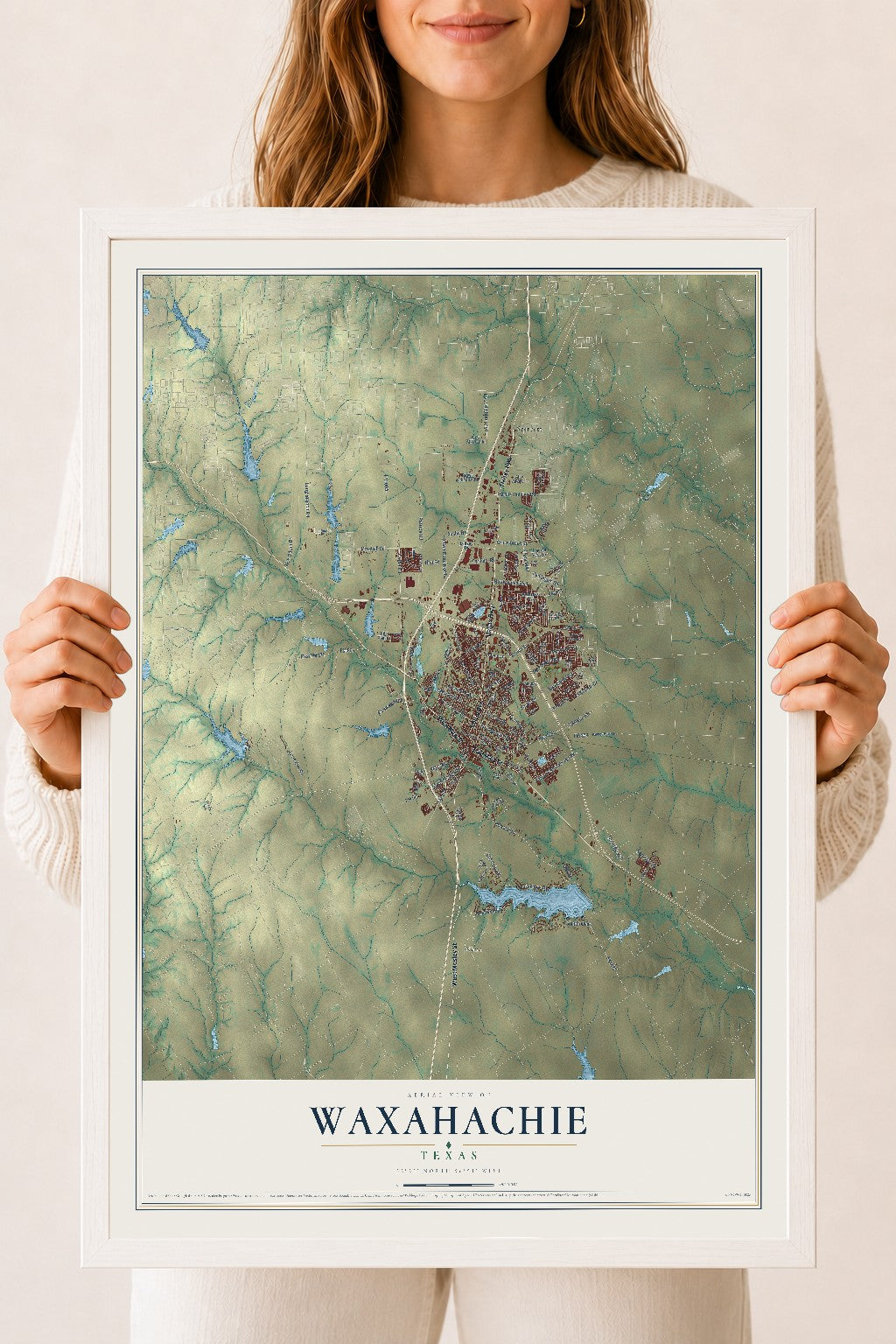 Map of Waxahachie, Texas, 18 x 24 inch print in a white wood frame