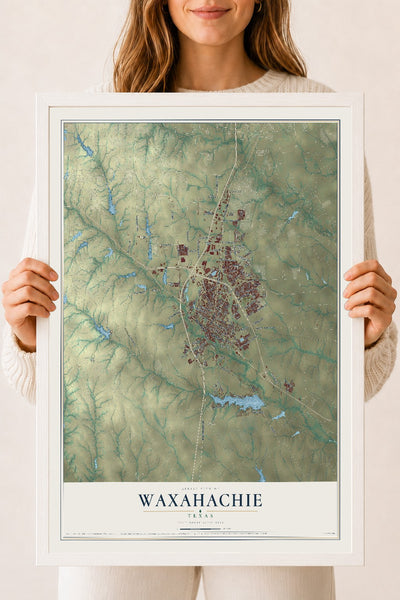 Map of Waxahachie, Texas, 18 x 24 inch print in a white wood frame
