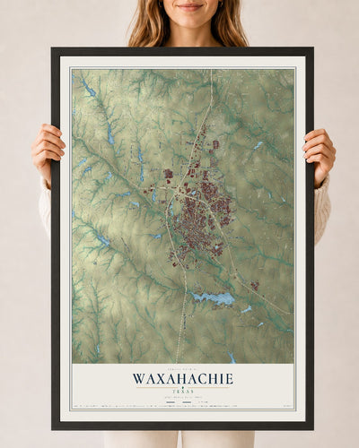 Map of Waxahachie, Texas, 24 x 36 inch print in a black wood frame