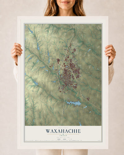 Map of Waxahachie, Texas, 24 x 36 inch print in a white wood frame