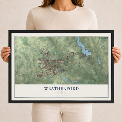Map of Weatherford, Texas, 12 x 18 inch print in a black wood frame