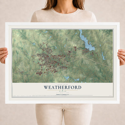 Map of Weatherford, Texas, 18 x 24 inch print in a white wood frame