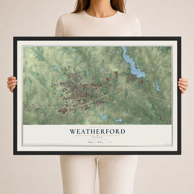 Map of Weatherford, Texas, 24 x 36 inch print in a black wood frame