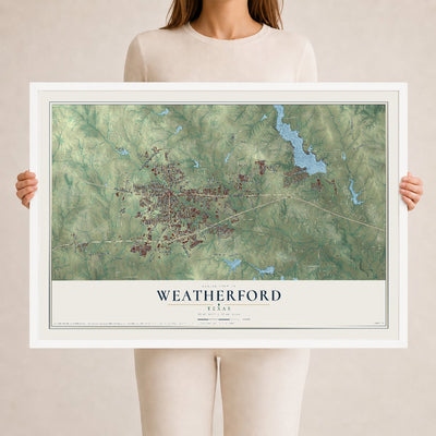 Map of Weatherford, Texas, 24 x 36 inch print in a white wood frame