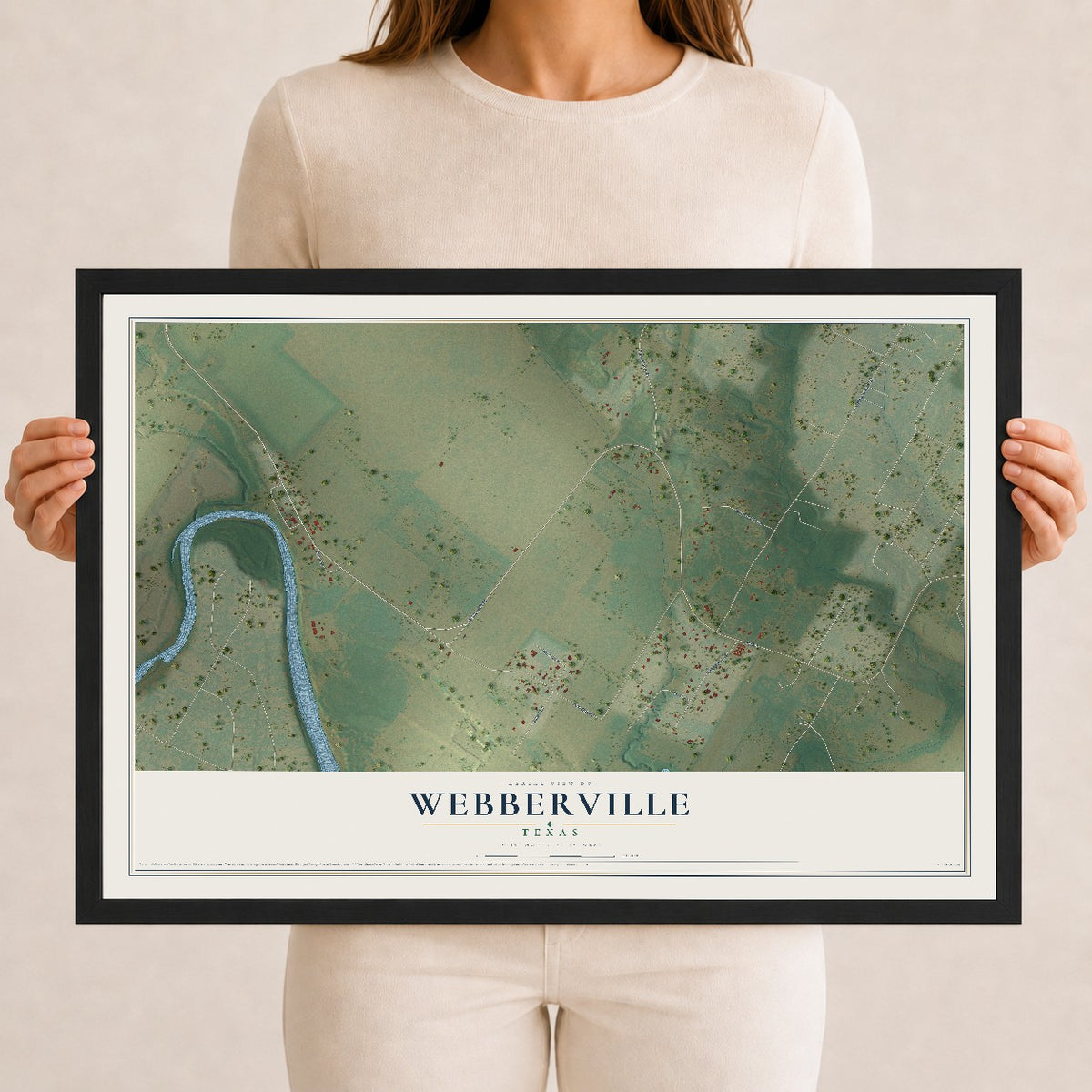 Map of Webberville, Texas, 12 x 18 inch print in a black wood frame