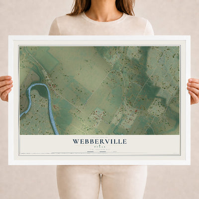Map of Webberville, Texas, 18 x 24 inch print in a white wood frame