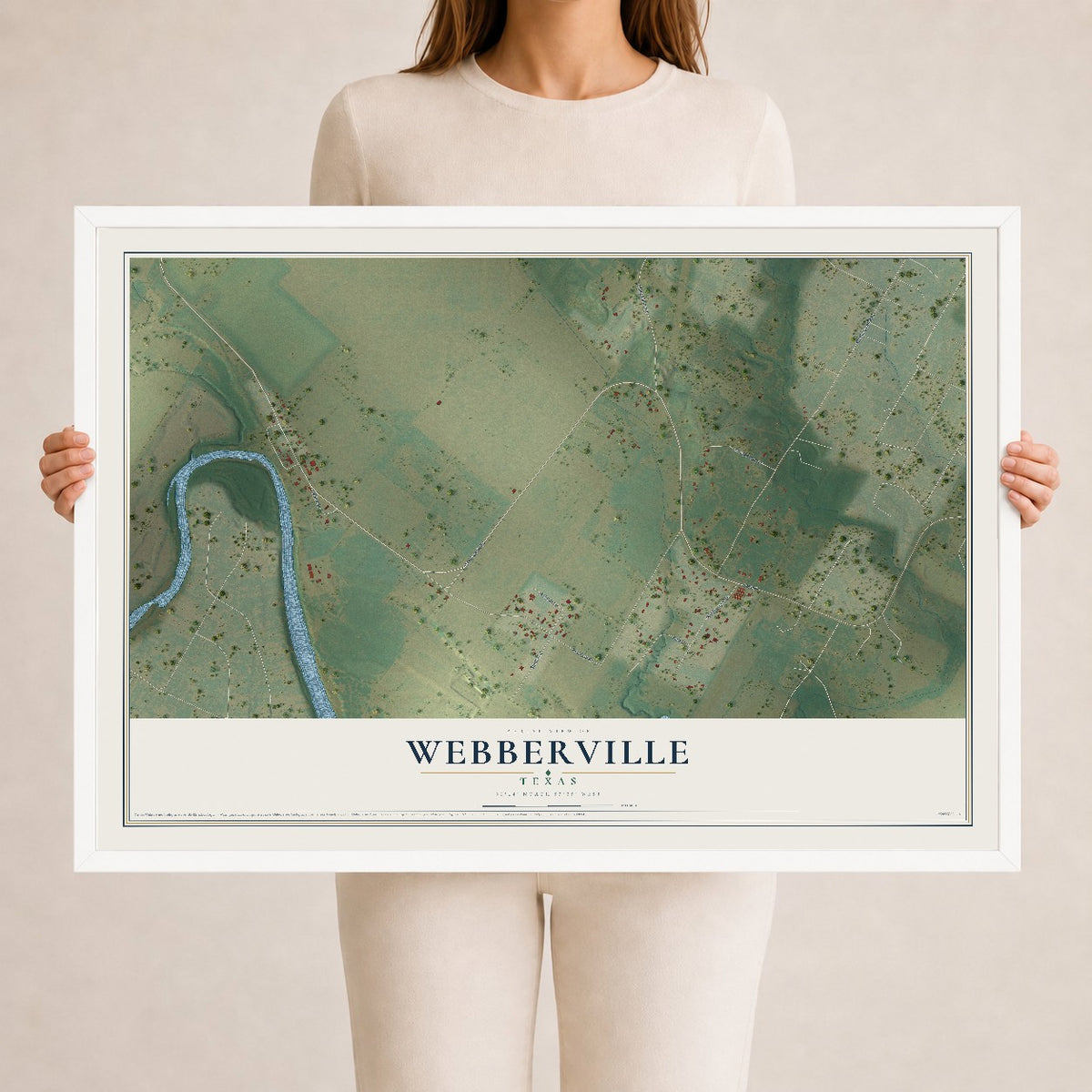 Map of Webberville, Texas, 24 x 36 inch print in a white wood frame
