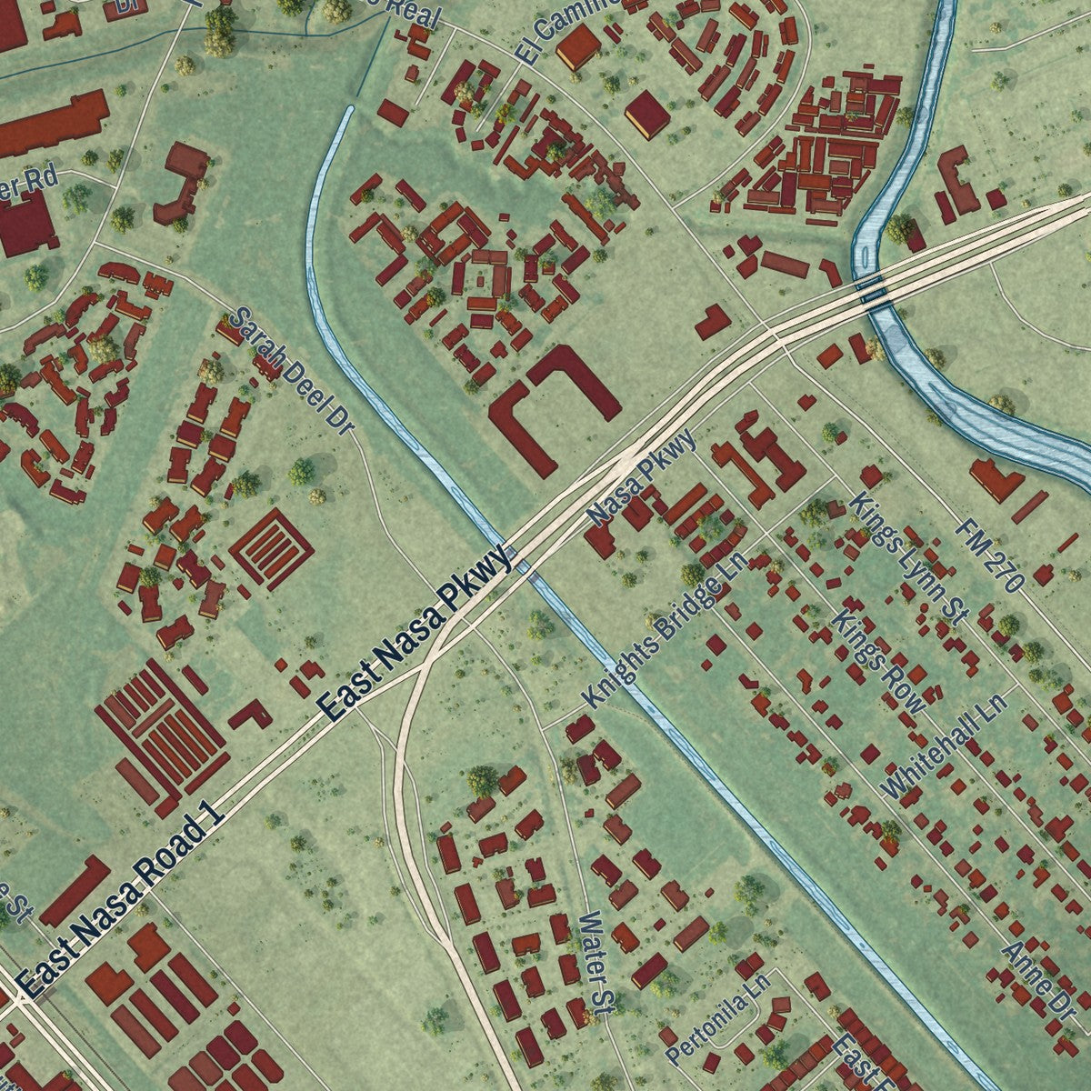 Second close-up of the map of Webster, Texas print showing more streets and buildings