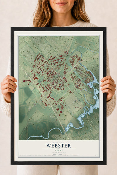 Map of Webster, Texas, 18 x 24 inch print in a black wood frame