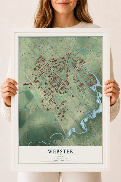 Map of Webster, Texas, 18 x 24 inch print in a white wood frame