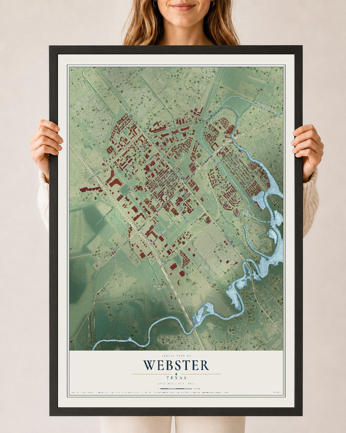 Map of Webster, Texas, 24 x 36 inch print in a black wood frame