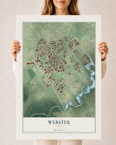 Map of Webster, Texas, 24 x 36 inch print in a white wood frame