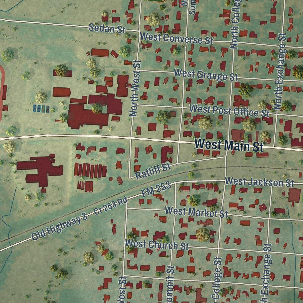 Close-up of the map of Weimar, Texas print showing street and building detail