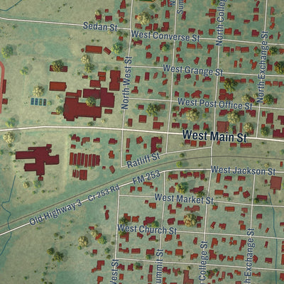 Close-up of the map of Weimar, Texas print showing street and building detail