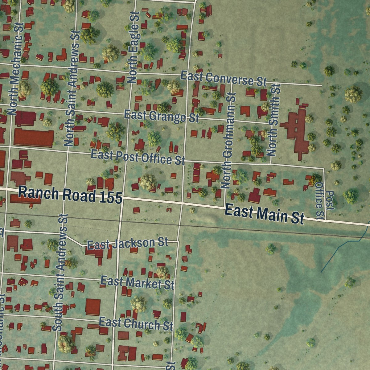 Second close-up of the map of Weimar, Texas print showing more streets and buildings