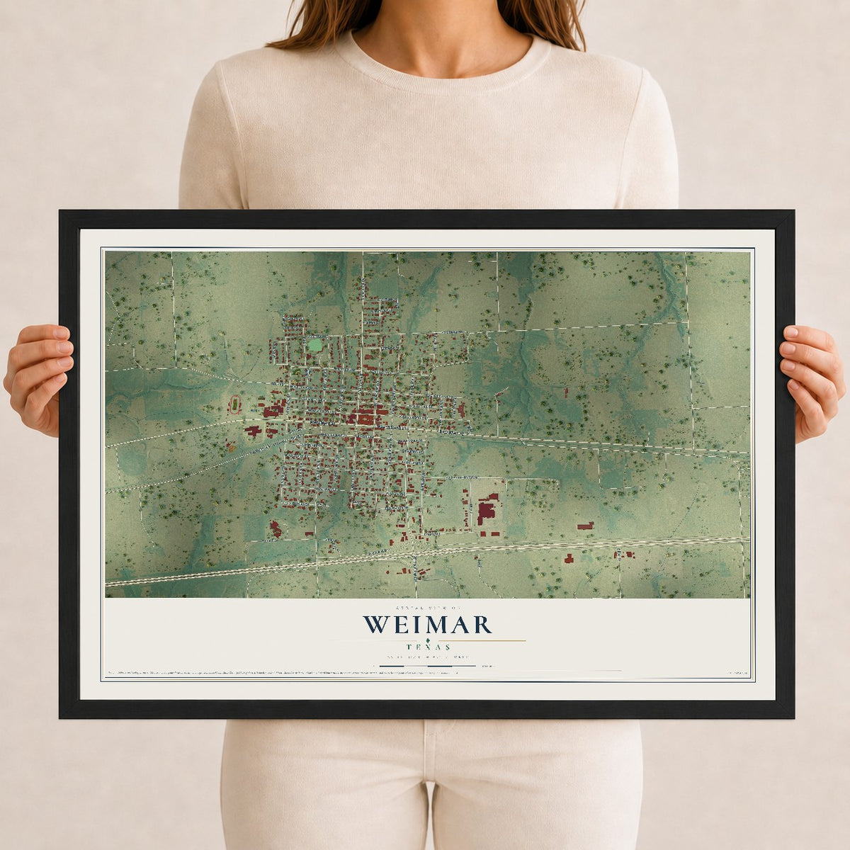 Map of Weimar, Texas, 12 x 18 inch print in a black wood frame