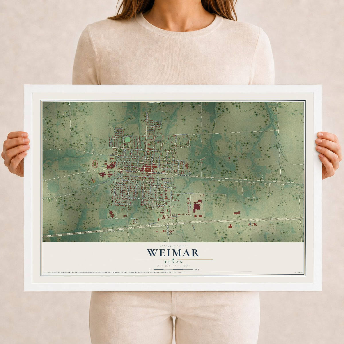 Map of Weimar, Texas, 12 x 18 inch print in a white wood frame