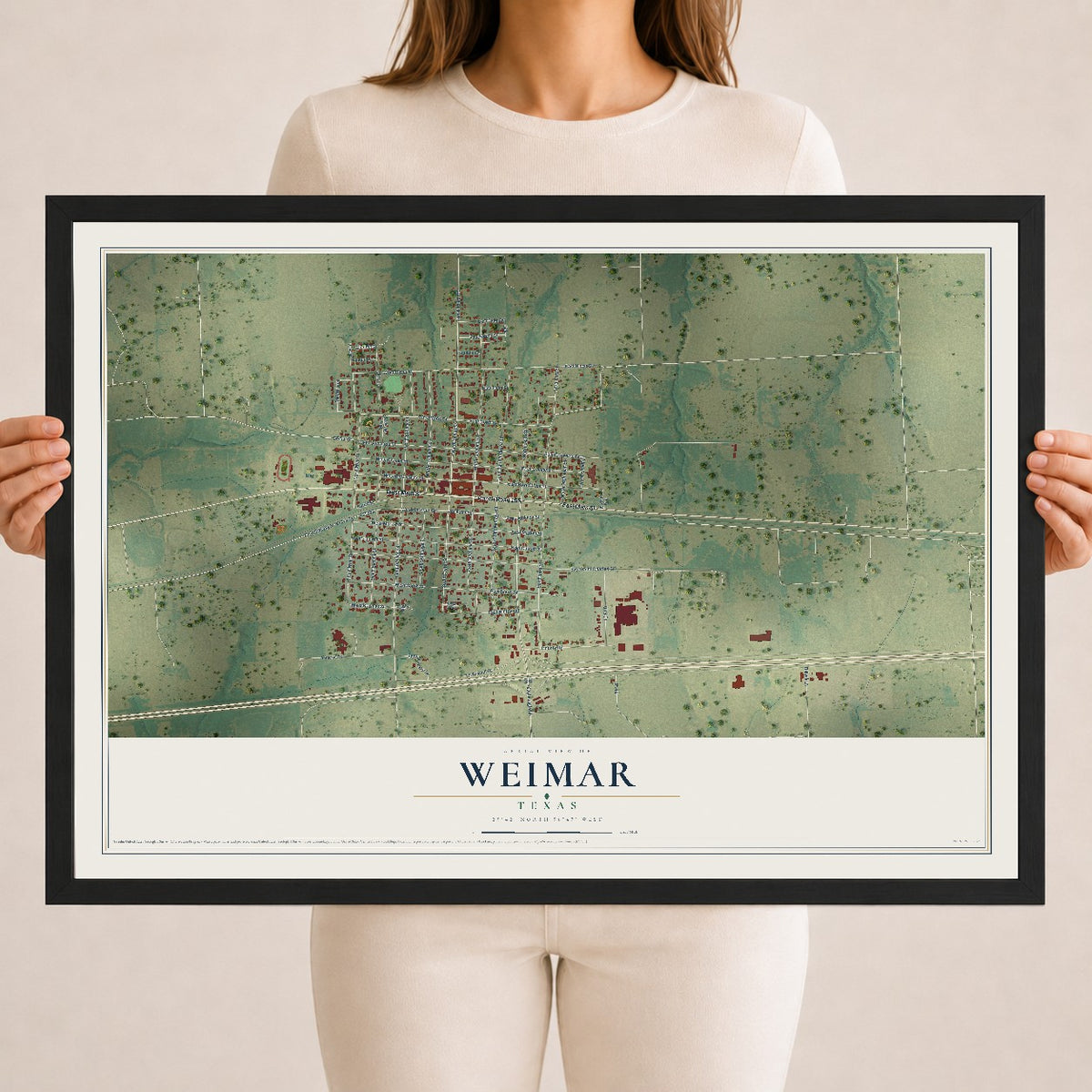 Map of Weimar, Texas, 18 x 24 inch print in a black wood frame