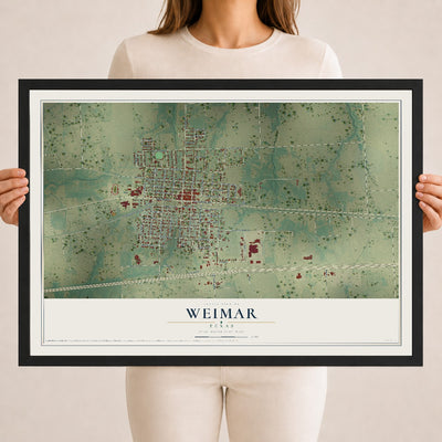 Map of Weimar, Texas, 18 x 24 inch print in a black wood frame