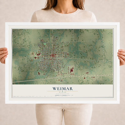 Map of Weimar, Texas, 18 x 24 inch print in a white wood frame