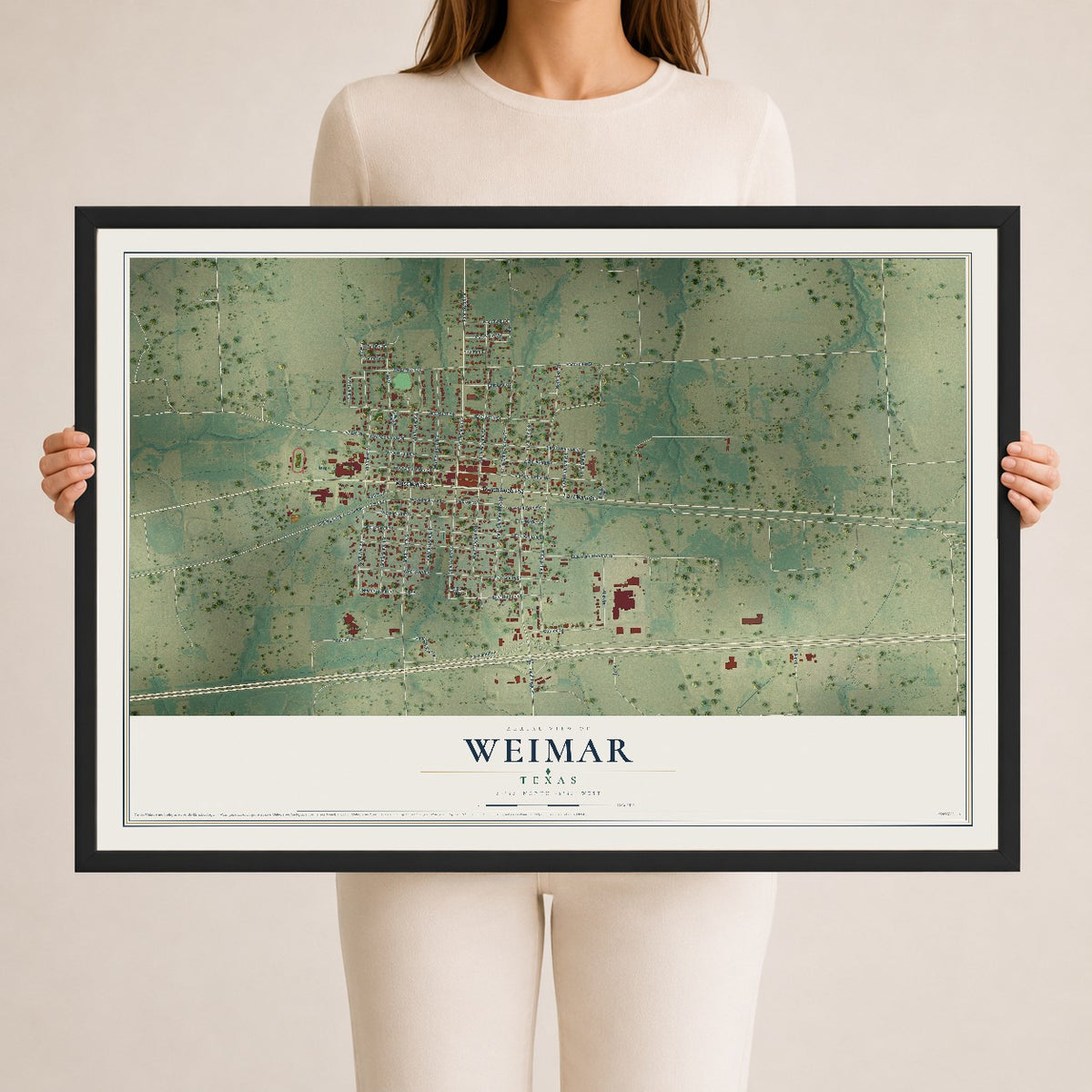 Map of Weimar, Texas, 24 x 36 inch print in a black wood frame