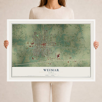 Map of Weimar, Texas, 24 x 36 inch print in a white wood frame